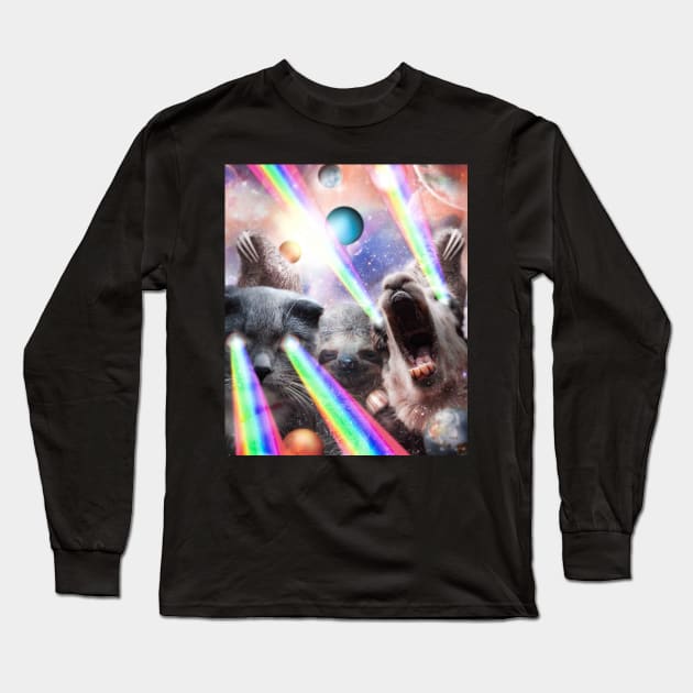 Rainbow Laser Cat Sloth Llama In Space Long Sleeve T-Shirt by Random Galaxy